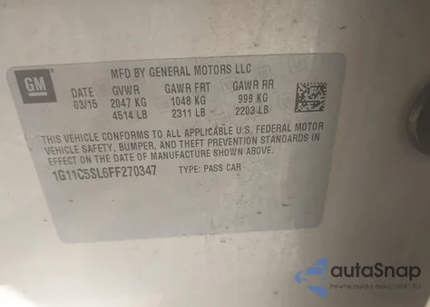 2015 Chevrolet Malibu 1Lt из США, поврежденный, VIN 1G11C5SL6FF270347